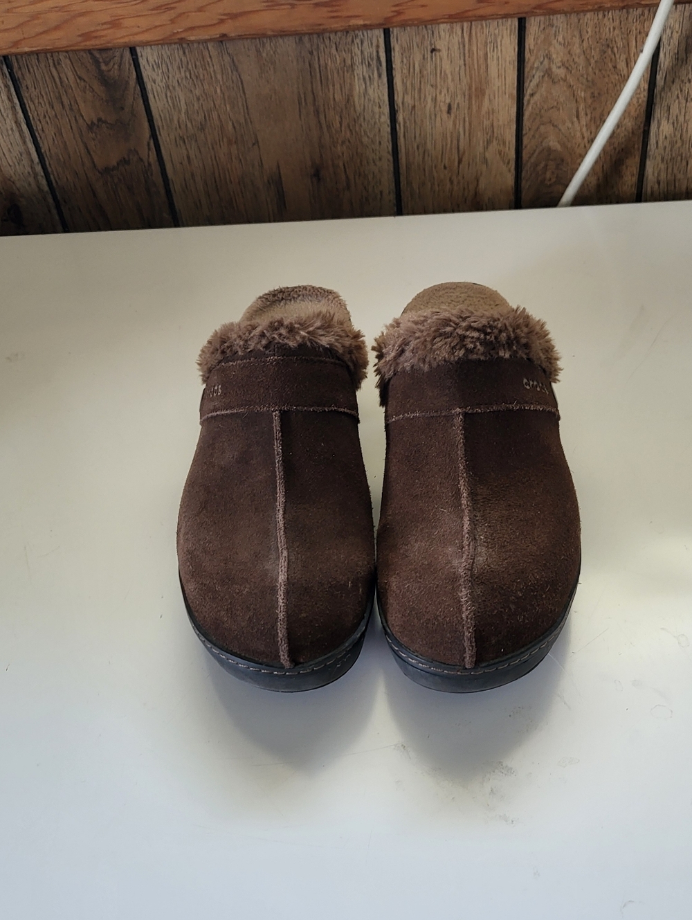 Crocs Brown Suede Cobbler Eva Faux Fur Lined Clogs Mules Shoes Women Size 8
